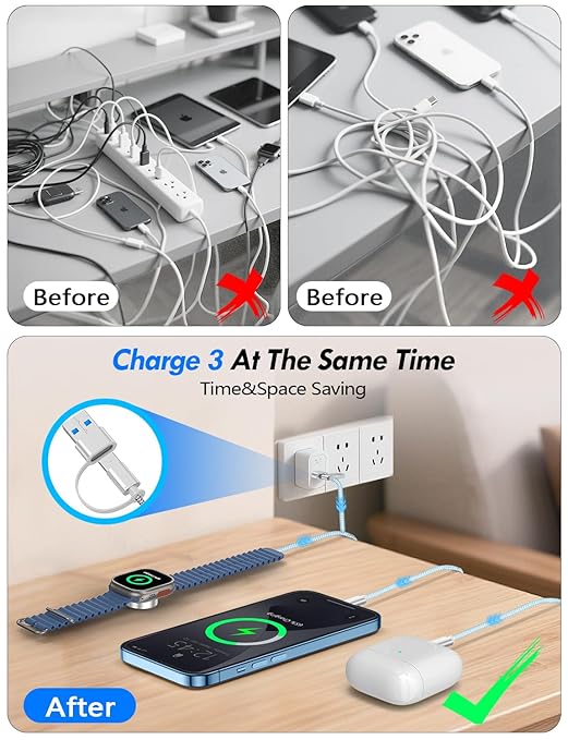 Travel Essentials for Apple Watch Charger,iPhone Charger,3 in 2 Type C/Lightning/Magnetic Travel Charging Cable,Portable Multi Charging Cable for Apple Watch, iPhone 17‑11,Samsung S26,Car,iPad-5FT