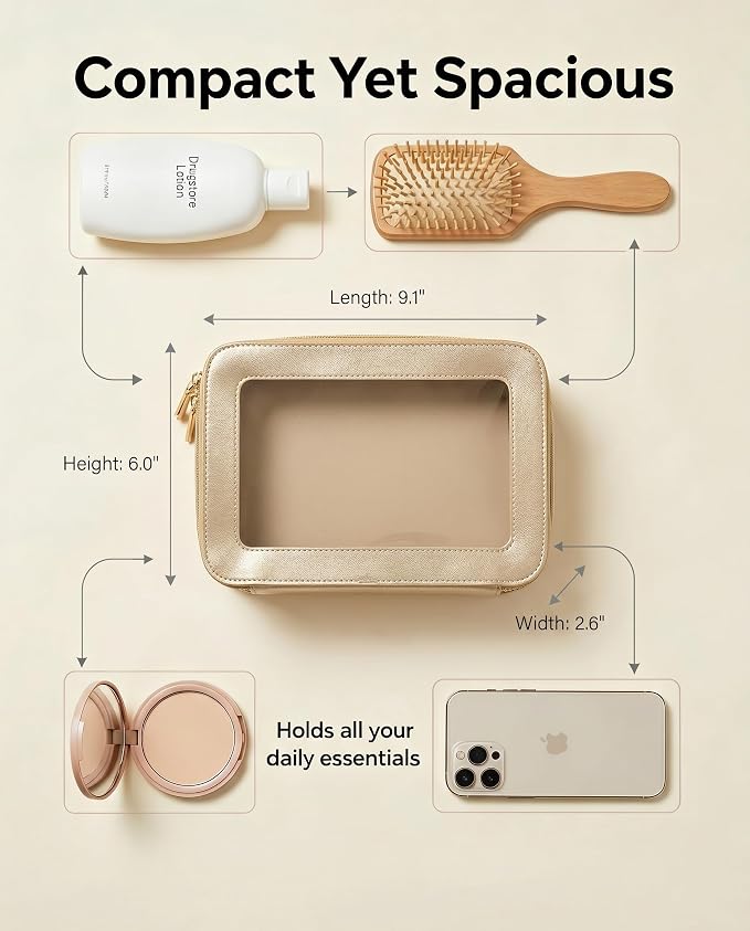 LETGO Clear Makeup Bags, TSA Approved Toiletry Bag with Zipper, Clear Makeup Organizer Fit Carry-on Travel Essentials,Clear Cosmetic Bags for Women Men (C-Gold)