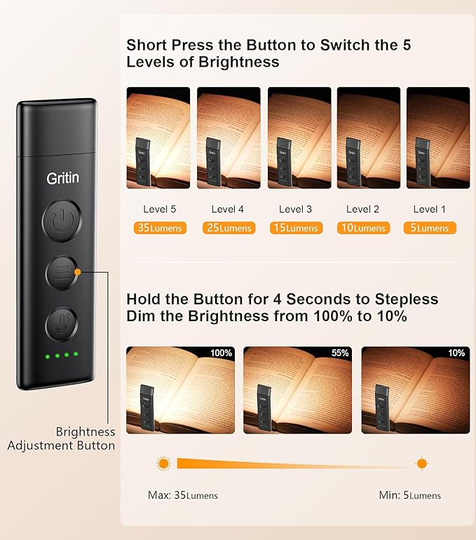 Gritin Book Light Rechargeable, Eye Caring 3-Color & 5-Brightness Clip on LED Reading Light for Books in Bed- Stepless Dimming, Long Lasting, Compact Size Flexible Book Lamp for Bookworms-Black