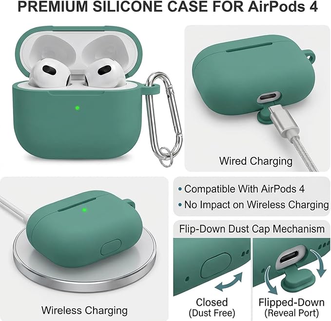 for AirPods 4th Case Cover, Soft Silicone Case with Cleaner Kit, Keychain, Full Protection for Men and Women, Compatible with AirPods 4th Generation (Pine Green)