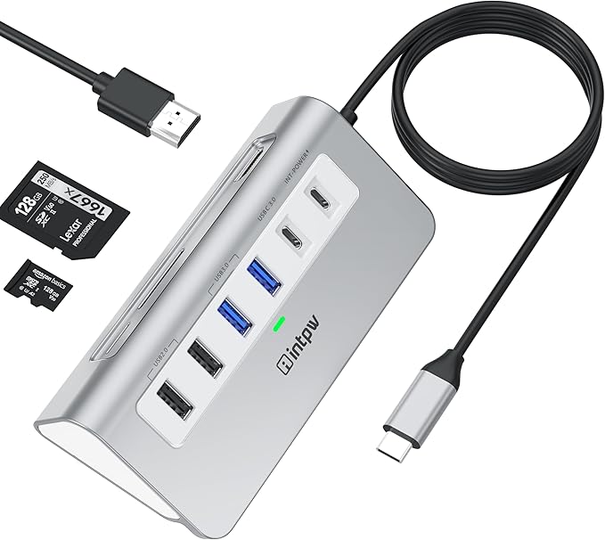 intpw USB C Hub, P9 USB C Hub Multiport Adapter with 4K HDMI, PD 100W, Type-C & 2 USB A 3.0 5Gbps, 2 USB A 2.0, SD/TF Card Reader, Aluminum USB Hub for Laptop, iPhone 17 Series, MacBook, iPad