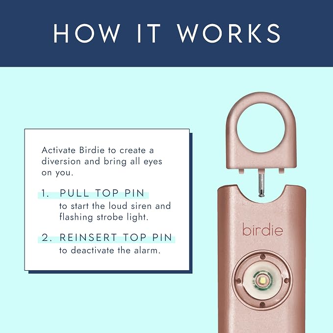 She’s Birdie–The Original Personal Safety Alarm for Women by Women–Loud Siren, Strobe Light and Key Chain in a Variety of Colors (Metallic Rose)