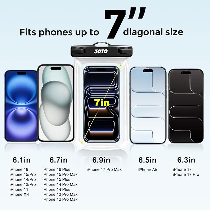 JOTO 2 Pack Waterproof Phone Pouch Case Up to 7", IPX8 Underwater Phone Case Cellphone Dry Bag for iPhone 17/Air 16 15 14 13 12 Pro Max Xs Max XR X 8 7 6S Plus SE/Galaxy S24 S23 S22 -Black/Clear