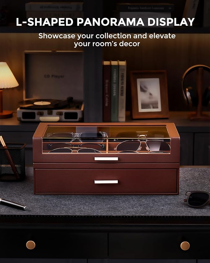 ProCase 12 Slots Sunglasses Box Organizer with L-Shaped Clear Lid, Multiple Pairs Glasses Display Holder Eyewear Eyeglass Eye Glass Storage with Drawer for Men -Espresso