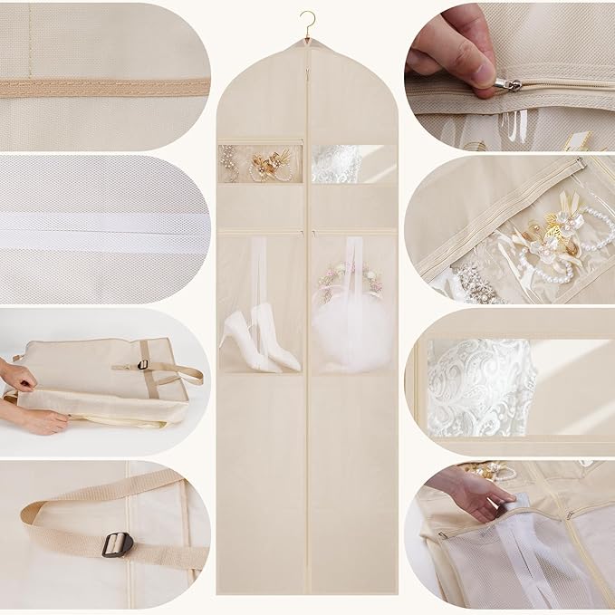 Wedding Dress Garment Bag,72’ Tri-Fold Bridal Gown Bag with 6 Pouches and Adjustable Buckle Gown Cover for Wedding/Prom/Travel/Closet Storage (Beige)