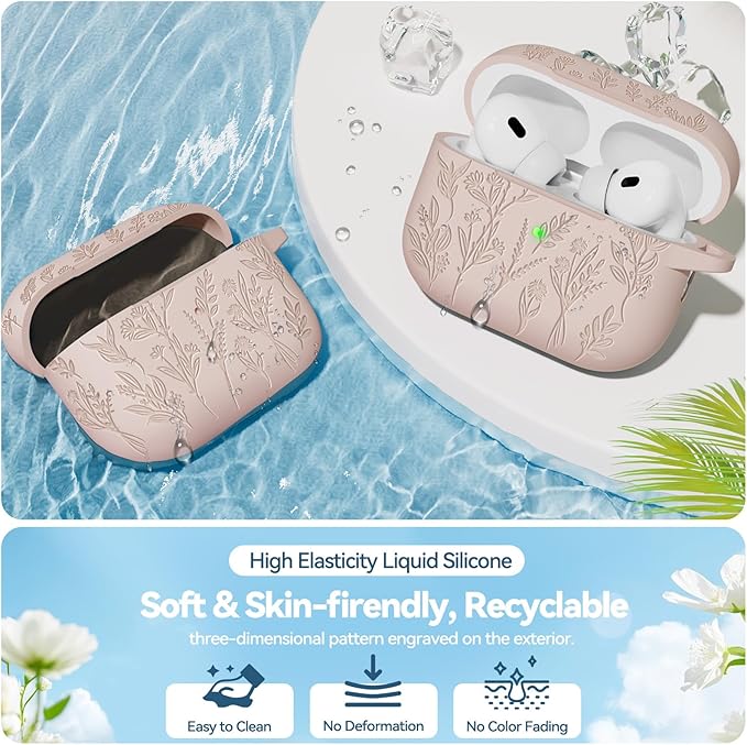 Flower Engraved Case for Apple AirPods Pro 2nd/1st Generation, Soft Silicone AirPods Pro 2 Gen Protective Case Cover for Women Airpod Case with Clean Kit,Carabiner,Front LED Visible,Sand Powder