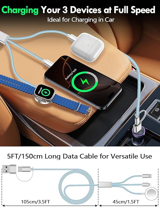 Travel Essentials for Apple Watch Charger,iPhone Charger,3 in 2 Type C/Lightning/Magnetic Travel Charging Cable,Portable Multi Charging Cable for Apple Watch, iPhone 17‑11,Samsung S26,Car,iPad-5FT