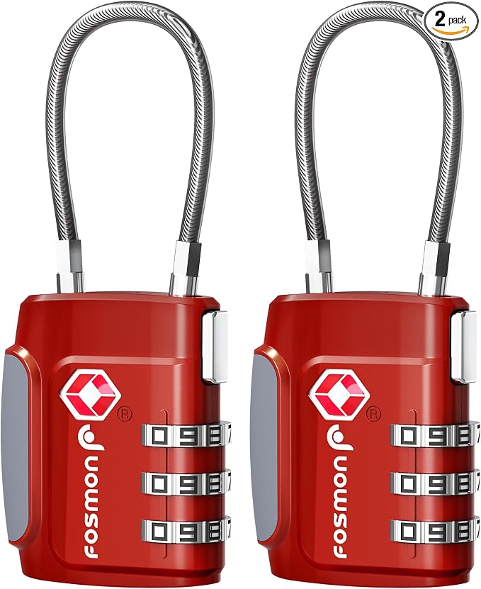 Fosmon TSA Accepted Cable Luggage Locks, (2 Pack) Re-settable Easy to Read 3 Digit Combination with Alloy Body and Release Button for Travel Bag, Suit Case & Luggage - Red