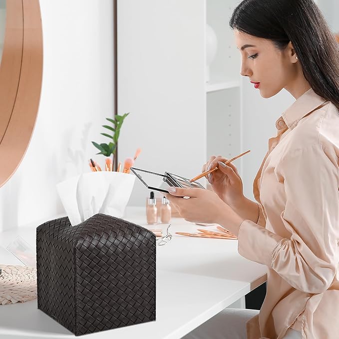 Tissue Box Cover PU Leather Tissue Holder Square Facial Tissue Case Facial Paper Organizer Dispenser for Bathroom, Vanity Countertop, Car, Chocolate Brown