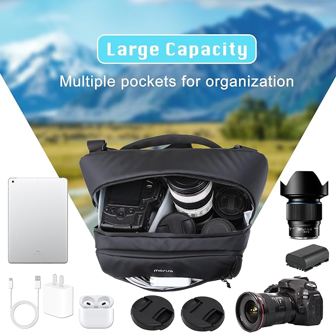 MOSISO Camera Sling Bag, Crossbody Camera Bag for Photographers, Waterproof Camera Shoulder Bags for DSLR/SLR/Mirrorless Cameras, Multifunction Padded Camera Bag with Tripod Holder&Rain Cover, Black