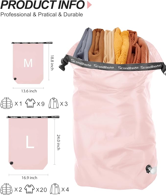Travel Compression Laundry Bag, Pump-Free Vacuum Space Saver Bag for Dirty Clothes, Reusable Waterproof Wet Dry Bag, Travel Laundry Bag for Luggage, Packing, Suitcase (1 Pcs)（Pink, L)