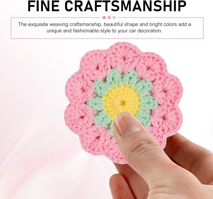 2 PCS Car Flower Coasters, Handmade Crochet Cotton Floral Insert Pad, Non-Slip Absorbent Insulated Placemat, Universal Boho Cute Decor Interior Accessory for Women Girls (Pink)