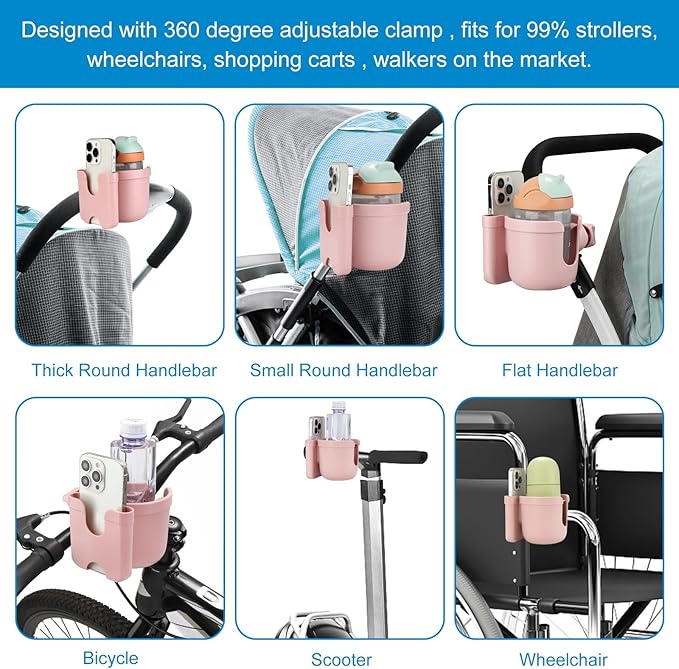 Accmor Stroller Cup Holder with Phone Holder, Bike Cup Holder, Universal Cup Holder for Uppababy Nuna Doona Strollers, 2-in-1 Cup Holder for Walker, Wheelchair, Scooter