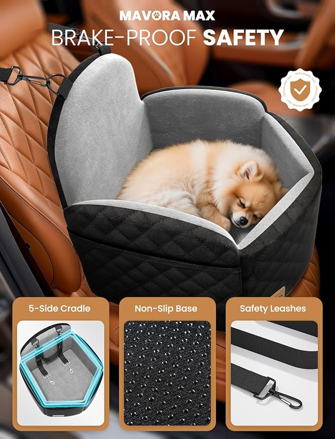 Dog Car Seat for Small/Medium Dogs, Memory Foam Puppy Car Seat Elevated Dog Booster Seat Up to 35 lbs, Fully Detachable Washable, Travel Safety Pet Seat with Storage Pockets (Black/Grey)