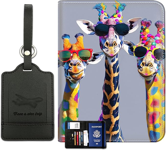 Passport Wallet, Passport Holder with RFID Blocking and Luggage Tag, Waterproof PU Leather Travel Documents Organizer Case, Passport Covers with Card Slot for Women & Men, Cool Giraffes Passport Book