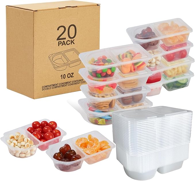 20 Pack 10 OZ Reusable Snack Containers with Lids,Disposable 2-Compartment Snack Pack Containers,Meal Prep Containers for Adults,Sauce Food Container Portion Control Containers for Travel Picnic Work