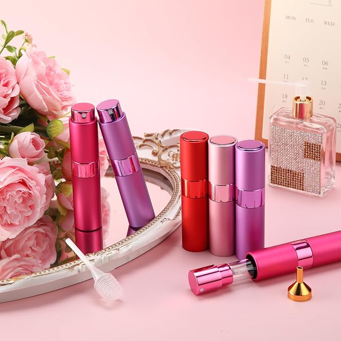 Honeydak 16 Pack 8 ml Refillable Perfume Atomizer Mini Refillable Spray Travel Bottles Empty Cologne Sprayer Portable Fragrance Atomizer with Funnel, Dispenser, Pipettes, Bag(Red,Pink,Purple,Rose Red)