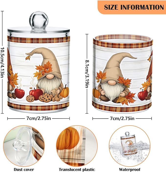 Gredecor 2 Pack Apothecary Jars with Lid Fall Gnome Maple Pumpkins Qtip Holder Dispenser Storage Containers Clear Plastic Cute Fall Autumn Thanksgiving Theme Canisters for Bathroom Vanity Organization