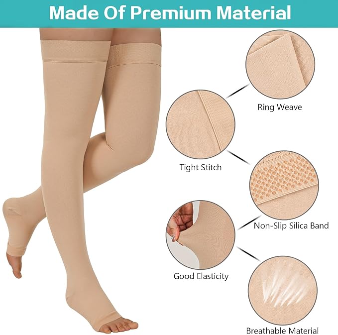 Thigh High 20-32 mmHg Compression Stocking Toeless Compression Socks for women & men circulation with Silicone Dot Band