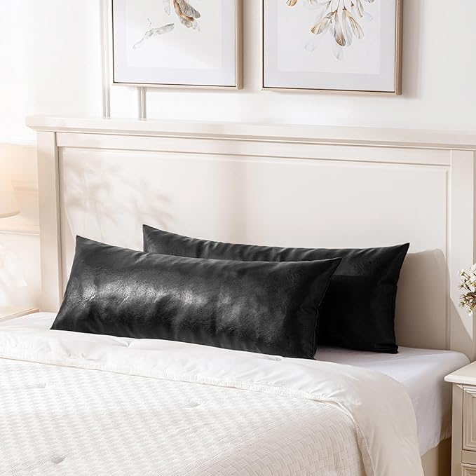 Fancy Homi Black Boho Long Lumbar Faux Leather Body Decorative Throw Pillow Cover 14x40 Inch for Bedroom Couch Bed Sofa Bench, Thick Stylish Solid Pillowcase, Rustic Modern Farmhouse Room Decor