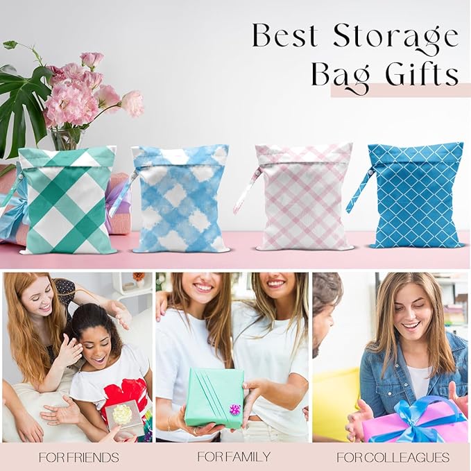 Wet Bag, 4Pcs Wet Dry Bag Set, Reusable Waterproof Bags with Classic Plaid Prints for Women, Practical for Beach Vacations, Pool Time, Travel & Daily Storage Needs
