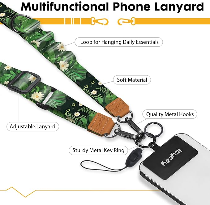 Icycay Phone Lanyard Crossbody, Black Cat Leaf Cell Phone Strap for Around The Neck Adjustable, Anti Theft Cute Lanyard for ID Holder Keys Accessories Travel Essential