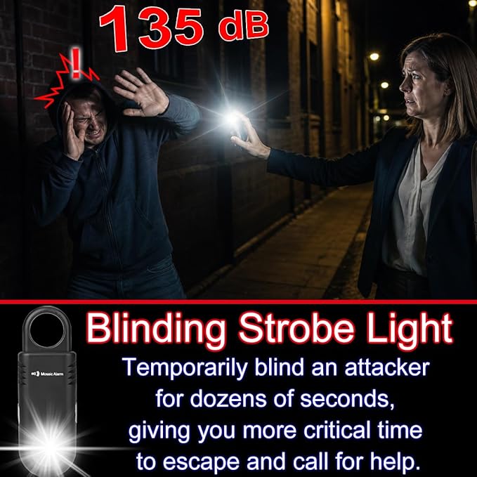 135dB Rechargeable Personal Safety Alarm Built-in Ultra-Bright Flashlight. Non Slip Grip Keychain Emergency SOS Siren for Women, Students, Night Runner. Loud Sound Hiking Bear Alerts with Hook. Black