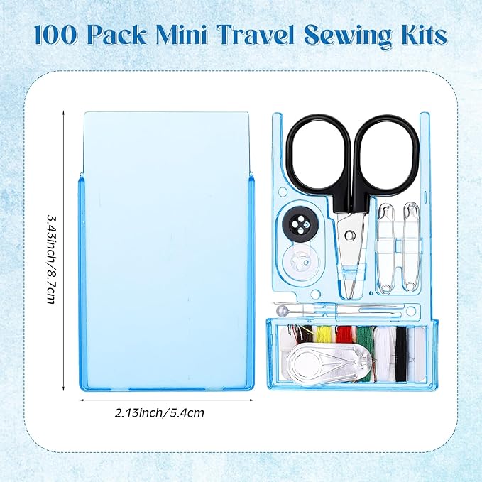Knitgrip 100 Boxes Mini Travel Sewing Kit Quick Fix Sewing Kits Bulk Basic Portable Pre Threaded Needle Emergency Repair Tool for Adults DIY Handcraft Wedding Gifts Beginner Traveler Home Hotel (Blue)