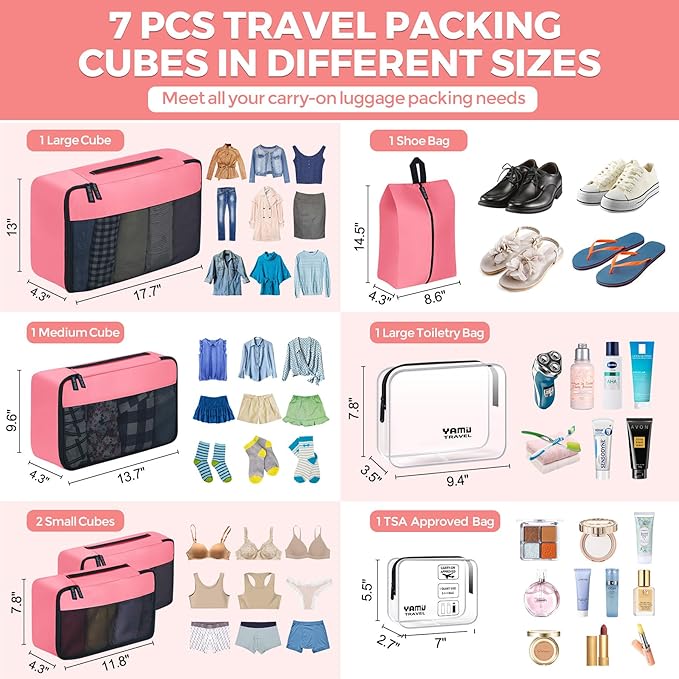 YAMIU Packing Cubes for Suitcases, 7 Pcs luggage organizer bags with Shoe Bag, 2 Waterproof Travel Toiletry Bags, Travel Cubes for Travel Essentials Travel Accessories