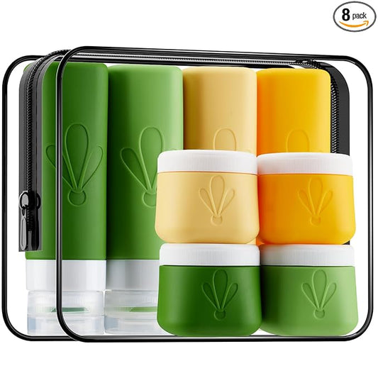 INSFIT travel bottles for toiletries 8 Pack, Leak proof Travel Size Toiletries Containers with toiletry bag, Squeezable Silicone Bottles & Cream Jars, Travel Essentials BPA-Free kit for Shampoo