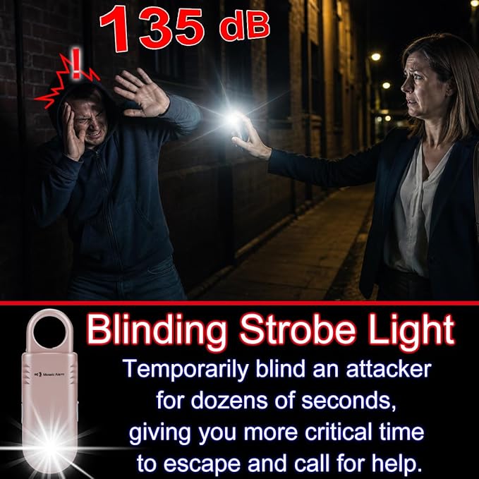 135dB Rechargeable Personal Safety Alarm Built-in Ultra-Bright Flashlight Non Slip Grip Keychain Emergency SOS Siren for Women, Students, Night Runner. Loud Sound Hiking Bear Alerts Hook. Rose Gold