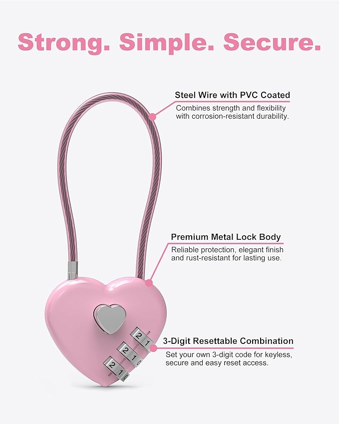 Small Combination Lock for Locker, Cable Lock with Code, Pink Padlock Combination, for Luggage, Suitcase, Gym Locker, Backpack Zipper, Cabinet, Box, Fence Gate, Travel Safe, Outdoor Use