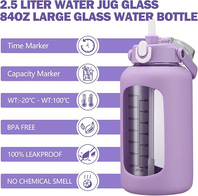 84oz Glass Water Bottle with Straw, 2.5 Liter Large Water Bottle with Silicone Sleeve and OZ Marker, Wide Mouth Gallon Glass Bottle with 2-in-1 Lid, Leakproof Water Jug for Gym Home, Purple