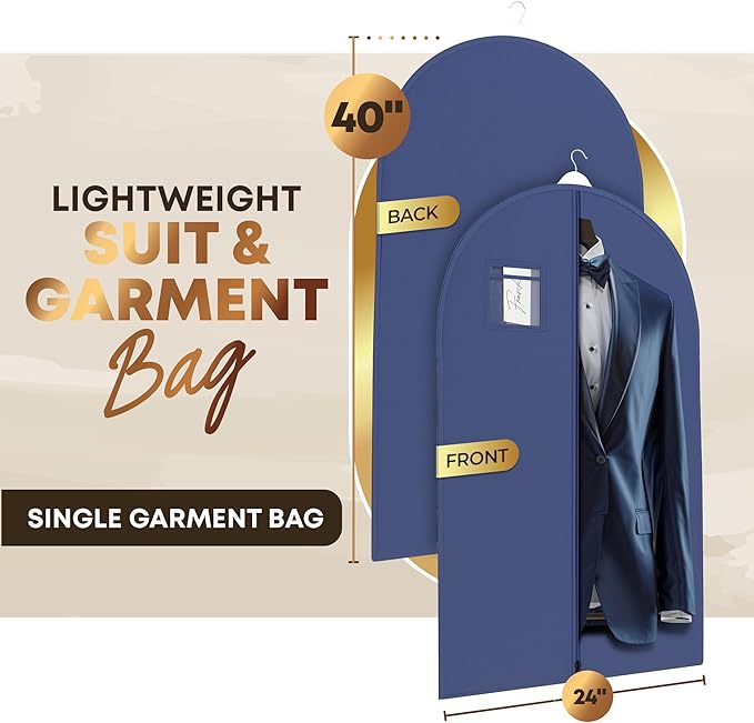Your Bags Travel Garment Bag – Durable Zippered Single Suit Bag for Storage – Water-Resistant Clothes Cover - Hanging Garment Bags for Travel with ID Pocket – 40" x 24" - Blue (Pack of 1)