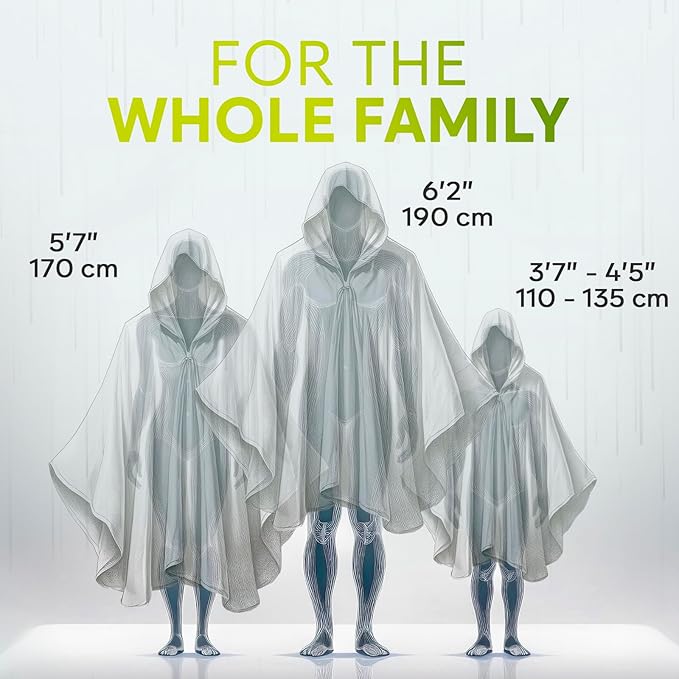 ZENO Disposable Rain Ponchos for Adults & Kids - Rain Poncho Family pack - Clear, Compact, Breathable, Emergency Ponchos with Hood - Travel Rain Poncho Hiking, Camping