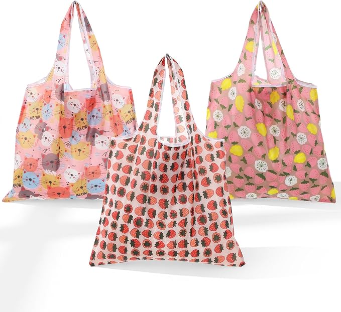 Ouligay 3 PCS Foldable Reusable Shopping Bags Foldable Grocery Bags 46×40cm Machine Washable Polyester Large Reusable Tote Bag for Daily Shopping Supplies Women Supermarket (1 Cat, 2 Strawberries)