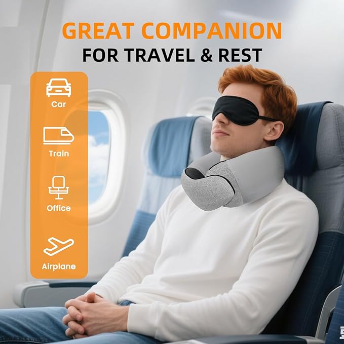 Travel Neck Pillows for Airplanes, Premium 100% Memory Foam Neck Pillow with Alternative Skin-Friendly Silk Cover - Upgrade Liner Enables Easy Pillowcase Cleaning, Travel Pillow Fits Plane, Car, Train