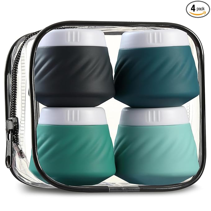 Gemice Silicone Cream Jars TSA Approved Travel Size Containers with Clear Bag, Leak-proof Travel Accessories with Lid for Cosmetic Face Body Hand Cream (4 Pack)