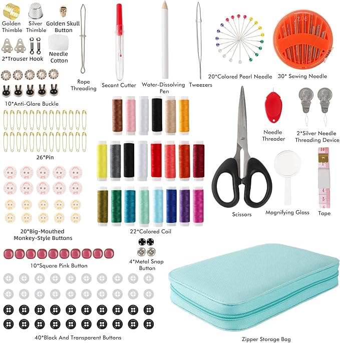 198pcs Sewing Kit for Adults Portable Travel Sewing Set,Dorm Room Essentials for Girls, Including Emergency Repair Tools Such as Needle and Thread, Scissors, Marker pens Needle and Thread kit (Mint)