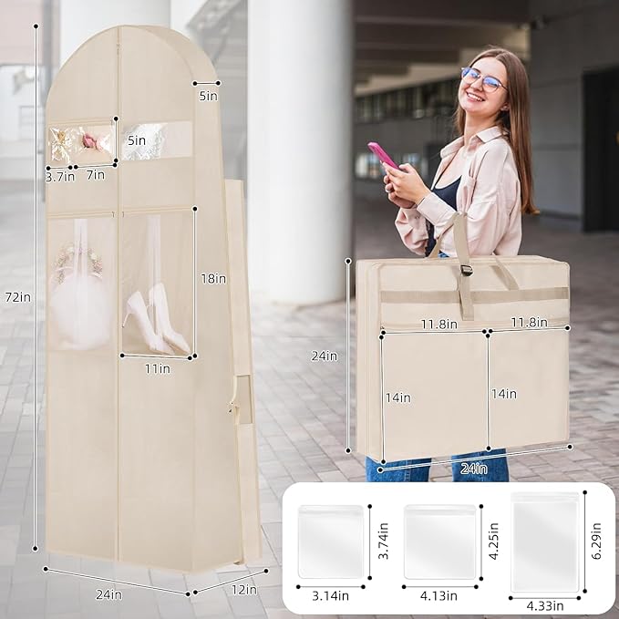 Wedding Dress Garment Bag,72’ Tri-Fold Bridal Gown Bag with 12 Pouches and Adjustable Buckle Gown Cover for Wedding/Prom/Travel/Closet Storage (2pcs Beige)