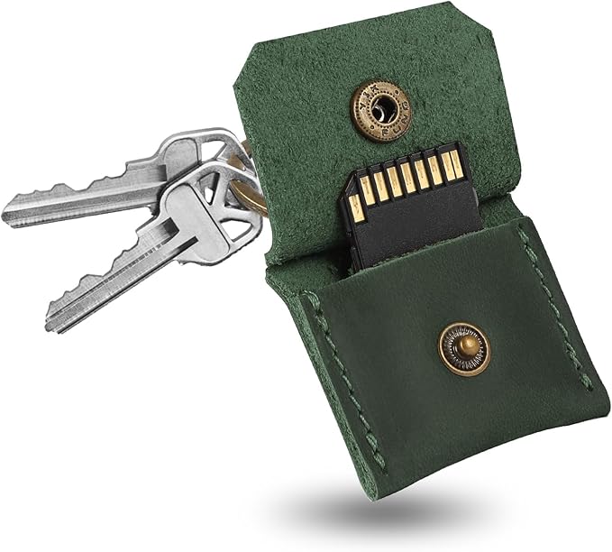 Jack&Chris Genuine Leather SD Card Holder Keychain, Anti-Shock Anti-Dust SD Card Case, Portable Camera Accessories for SD CF CFexpress Micro SD Nano SIM and Micro SIM Cards, Green