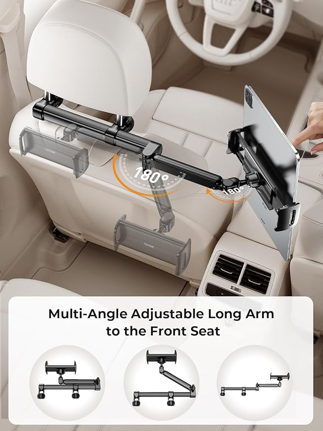 Tryone Headrest Tablet Holder for Car Accessories : [18.11-inch Long Arm] 3-in-1 Backseat Tablet Holder for Kids Road Trip Compatible with iPad Switch Smartphones & Tablets or Other 4.7-13" Devices