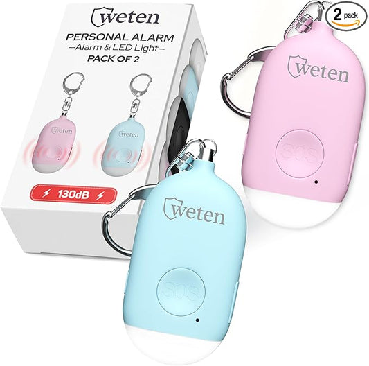 Weten Rechargeable Personal Alarm Keychain - 130dB Siren & LED Light - 2 Pack Personal Safety Alert for Women to Carry - Panic Button Alarm for Security - Rape Whistle for Self Defense (Pink&Blue)