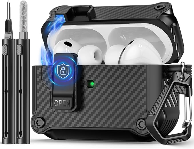 Pohgelan Compatible with AirPods Pro 3 Case,Magnetic Automatic Lock with Cleaning Kit,Compatible with Magsafe,Carbon Fiber Texture Cover-Balck