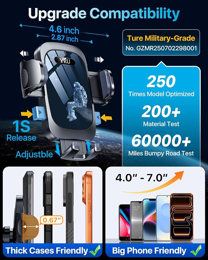 YRU [True Upgrade for Safety Car Phone Holder Mount [Patent & Military-Grade] Dashboard Cell Phone Holder for Car Vent Windshield Phone Stand for iPhone 17 16 15 14 Pro Max Truck Samsung, Black Blue