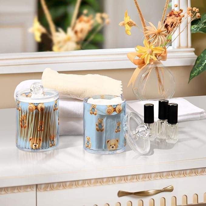2 Pack Qtip Holder Organizer Dispenser Cute Bears Bathroom Storage Canister Cotton Ball Holder Container for Cotton Pads/Swabs/Floss