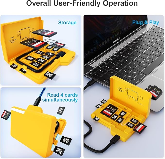 BUDI SD Memory Card Reader 4 Cards Simultaneously Read and Write with 15 Slots Folder-Styled Storage Case Type-C Compatible with lPhone 17/16/15/Pro Max/Photography/Security Camera
