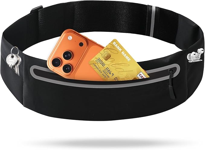Slim Running Belt for Men Women - No-Bounce Phone Holder Waist Pack, Runners Fanny Pack with Sweat-Proof Pocket ，Travel Money Pouch for Gym/Hiking/Cycling (Black)