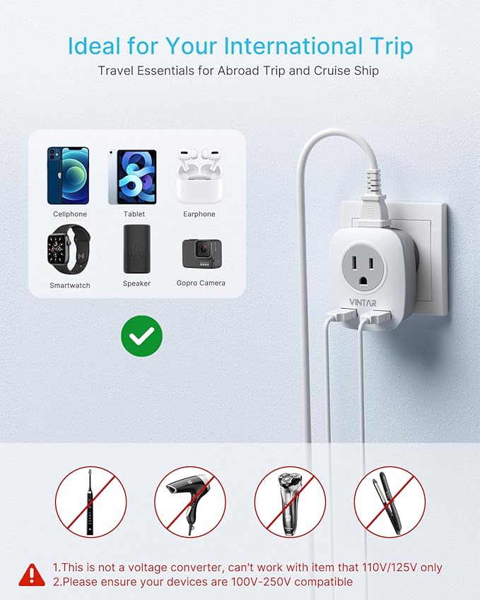 3 Pack European Travel Plug Adapter, VINTAR International Power Plug Adapter with 2 USB Ports,2 American Outlets 4 in 1 Travel Essentials to France, Germany, Greece, Italy, Israel, Spain (Type C)