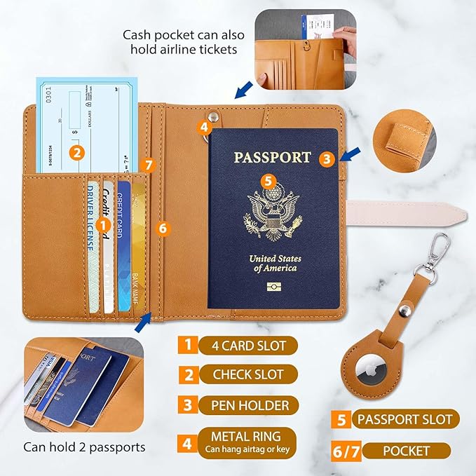 Passport wallets, Mulit-purpose RFID Blocking Passport Holder AirTag Wallet, Travel Wallet Cover Case（Brown）
